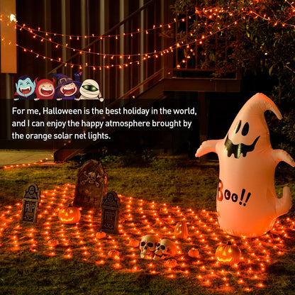 JMEXSUSS Orange Solar Halloween Lights Outdoor, 320 LED 9.8ft x 6.6ft Solar Net Lights Outdoor Waterproof, Solar Lights with 8 Modes Remote for Halloween Decorations