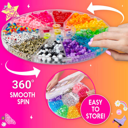 Just My Style Rainbow Bead Spinner, DIY Bracelet Making Kit with Swiveling Bead Case, Includes Over 1,000 Beads for Bracelet Making, Elastic, and More
