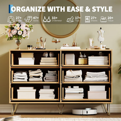 GarveeHome Fluted Dresser for Bedroom with 6 Drawers,47" Wide Modern Chest of Wooden Bedroom Chest with Metal Handle,Clothes Storage Organizer,Dresser & TV Stand for Living Room,Hallway