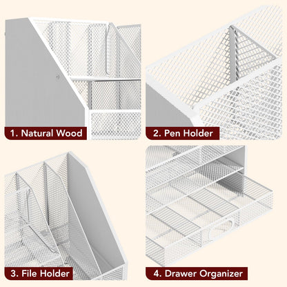 Homsorout Wooden Desk Organizer - Mesh File Organizer with Drawers and Pen Holder - 4-Tier Vertical Paper Letter Storage Tray, Desktop Organizers and Accessories for Home Office （White