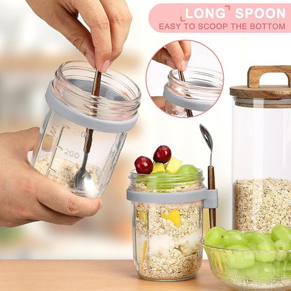 16oz Glass Mason Overnight Oats Jars, Cereal, Yogurt, Salad Lunch,Glass Overnight Oats Containers with Lids and Spoon, Container with Measurement Marks - (Grey-2Pcs)