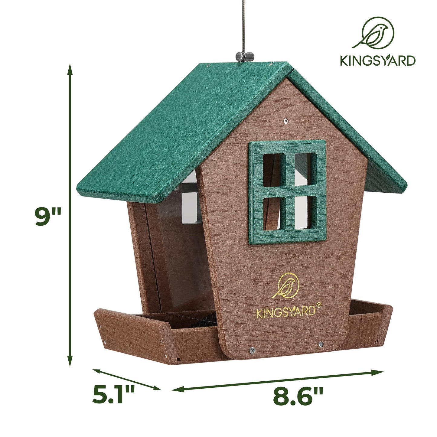 Kingsyard 4 lbs Large Bird Feeder House for Outdoors Hanging, Recycled Plastic Bird Feeder Hopper with Weatherproof Roof & Capacity Tray for Cardinal Bluebird, Garden Yard Outside Decor, Green