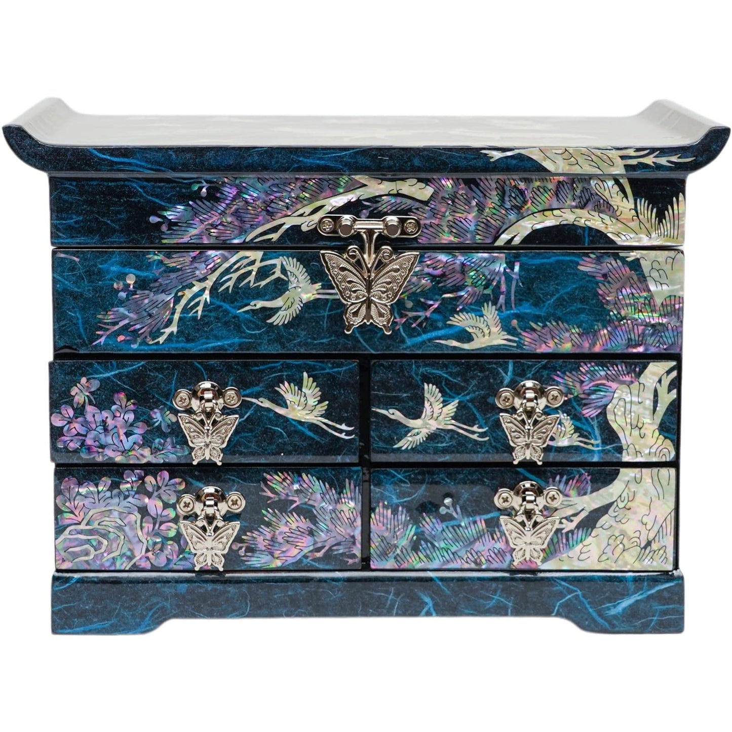 February Mountain Mother of Pearl Wooden Jewelry Organizer Box – Jewelry Storage Box for Women, Features Spacious Drawers, Ideal for Rings, Bracelets, Watches, Chains, Accessories (Crane_Blue)