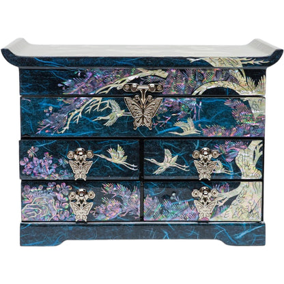 February Mountain Mother of Pearl Wooden Jewelry Organizer Box – Jewelry Storage Box for Women, Features Spacious Drawers, Ideal for Rings, Bracelets, Watches, Chains, Accessories (Crane_Blue)