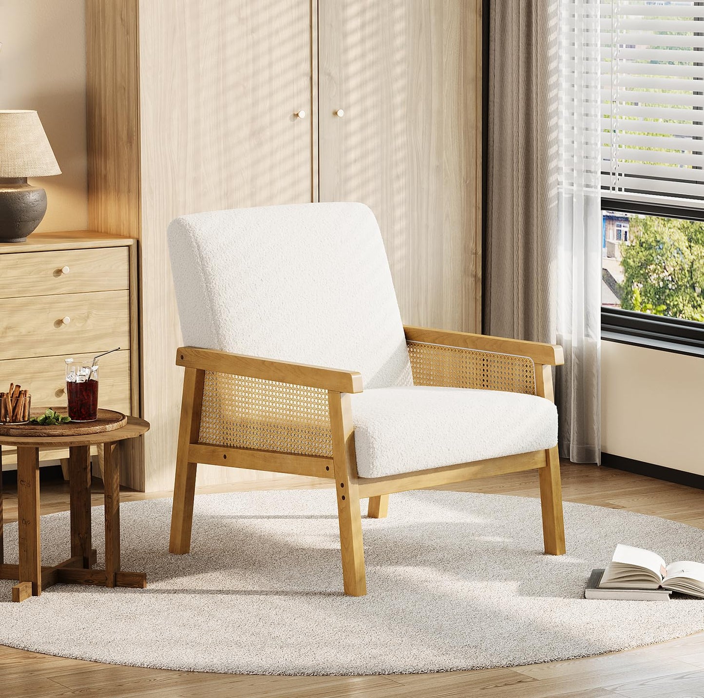 IDEALHOUSE Rattan Accent Chair, Boucle Armchair, Upholstered Reading Chair with Wooden Frame and High Back, Leisure Chairs for Living Room Bedroom Waiting Room Reception, White