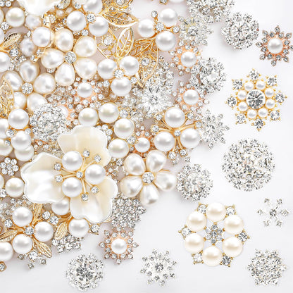 Wavwavw 40 Pcs Flat Back Pearls Rhinestone Buttons for Crafting Faux Pearl Embellishments Bulk for Jewelry DIY Craft Wedding Bouquet Hat Dress Hair Gift Decoration Party Accessories (Gold)