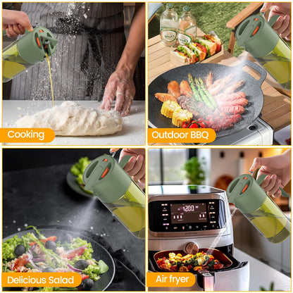 2-IN-1 500ml/17oz Light-Blocking Dark Oil Sprayer for Cooking with Sticker, Dark Green Glass Olive Oil Dispenser Bottle for Kitchen, Even Spray with Portion Control, Perfect for Air Fryer, BBQ - Black
