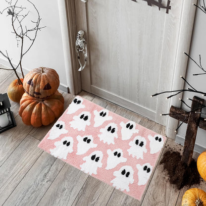 JarThenaAMCS Halloween Bathroom Rug Pink White Little Boo Bath Mat Non Slip Doormat Spooky Ghost Holiday Front Mat for Indoor Living Room Home Decoration