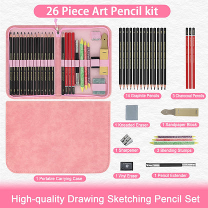 Heshengping, Sketching and Drawing Pencils Set 26pcs, Art Supplies Drawing pencil Kit,Graphite Charcoal Professional Pencils Set, Adults Beginners Artist