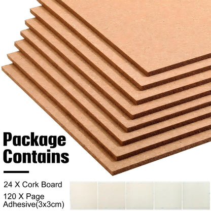 Crtiin 24 Pcs Cork Board Tiles Bulletin Boards 12"x12" 1/4" Thick Square Natural Cork Sheets with Self Adhesive Backing Brown Corkboards for Wall School Office Home DIY Supplies