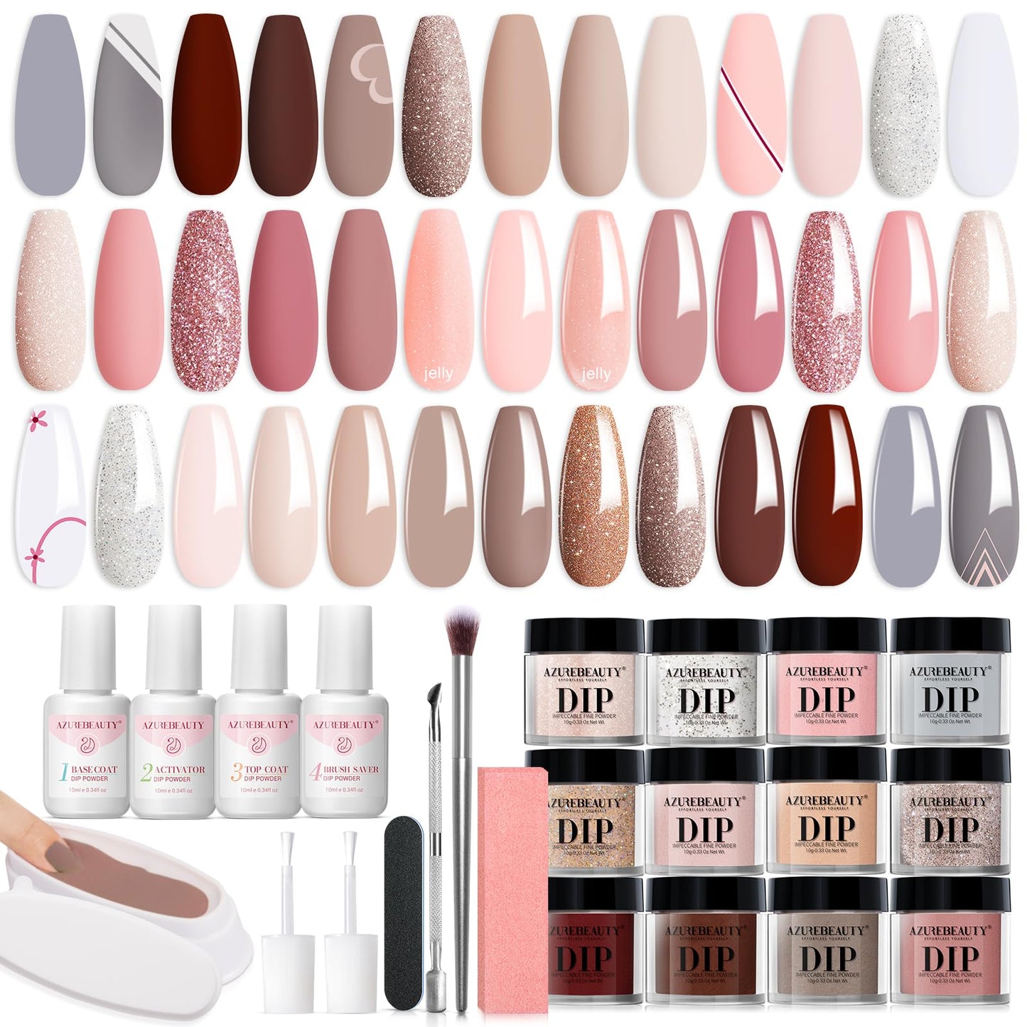 AZUREBEAUTY 31 Pcs Dip Powder Nail Kit 20 Colors Glitter Nude Brown Pink White Gray Dip Powder Liquid Set with Top/Base Coat Activator for French Nails Art Manicure DIY Salon Women Valentine's Gift