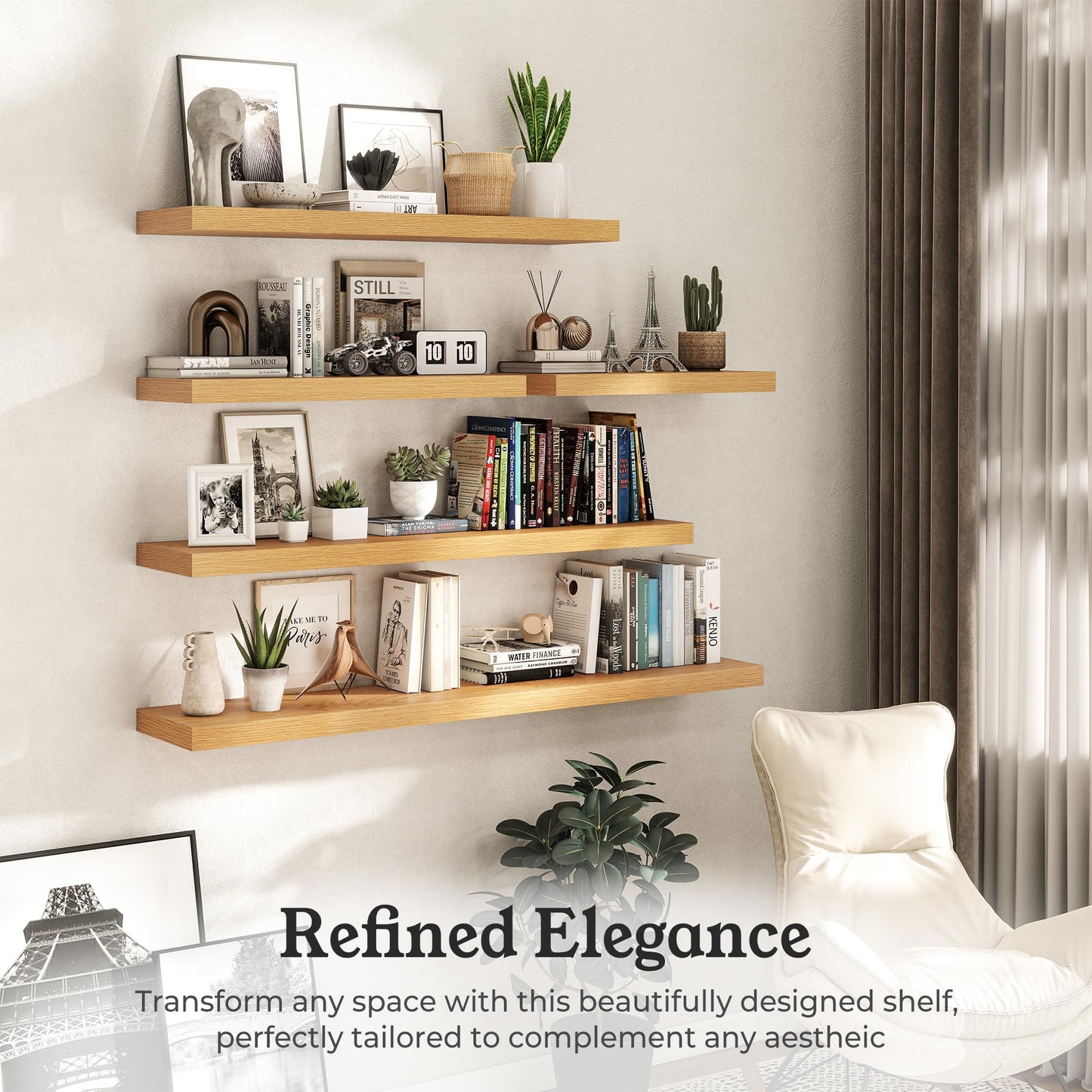 Ornawit Floating Shelves for Wall, 9.3" Deep Wall Mounted Wood Shelves for Bathroom, Bedroom, Living Room, Kitchen, Hanging Shelf for Books/Storage/Room Decor (Oak, 24")