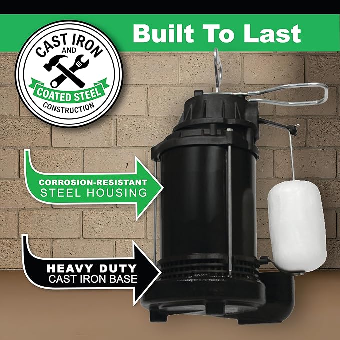 WAYNE CDU800 1/2 HP Submersible Sump Pump – Cast Iron & Stainless Steel, Vertical Float Switch, 5,100 GPH, 3-Year Warranty