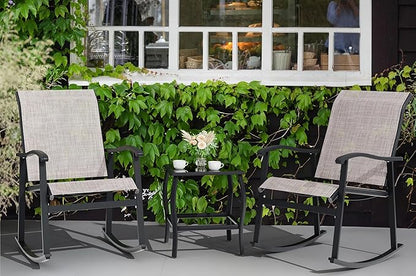 Vongrasig 3 Piece Outdoor Rocking Bistro Set, Textilene Fabric Small Patio Furniture Set, Front Porch Rocker Chairs Conversation Set with Glass Table for Lawn, Garden, Balcony, Poolside (Taupe)