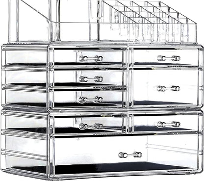 Cq acrylic 3 Pack Clear Make Up Organizer Countertop,Stackable 8 Drawers Makeup Storage,Cute Vanity Organizers for Dresser Hair Clip,Jewelry,Beauty Product Desk and Bathroom Organizers and Storage