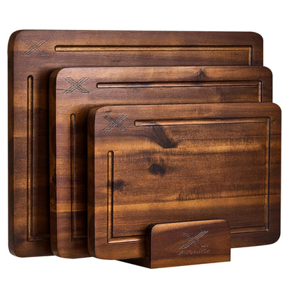 Xushro Acacia Wood Cutting Board Set of 3 with Stand - Thick Wooden Chopping Boards with Deep Juice Grooves - Non-Slip & Durable Wooden Boards for Meat & Vegetables (16x12, 14x10, 12x8) - Walnut