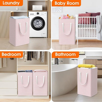 3 Pack Large Laundry Basket,Waterproof & Freestanding Laundry Hamper,Collapsible Clothes Hampers with Easy Carry Long & Reinforced Handles in Bathroom,College Dorm(88Lx3,Pink)