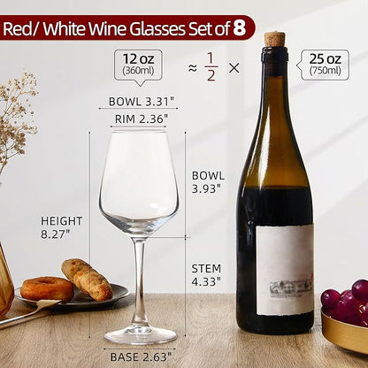 SHYRC Wine Glasses Set of 8, 12oz Clear Red/White, Long Stem Wine Glasses for Party, Wedding and Home