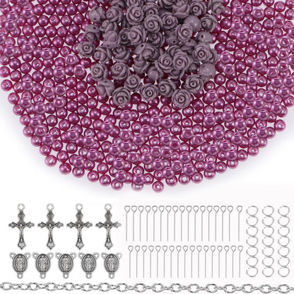 OEMOO 1410PCS Rosary Jewelry Making Kit Rosary Prayer Making Supplies Carved Rose Beads Cross Centerpiece Crucifix Medal, Silver Jesus Maria Pendant for Rosary Bracelet Necklace Jewelry (Purple)