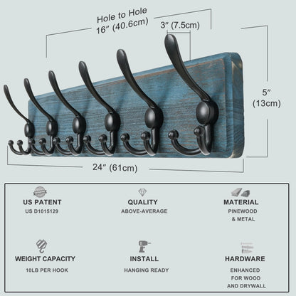 Dseap Coat Rack Wall Mounted - 24" Long 6 Tri Hooks, Heavy Duty Wooden Wall Coat Hanger Coat Hook for Clothes Hat Jacket Clothing, Weathered Blue and Black