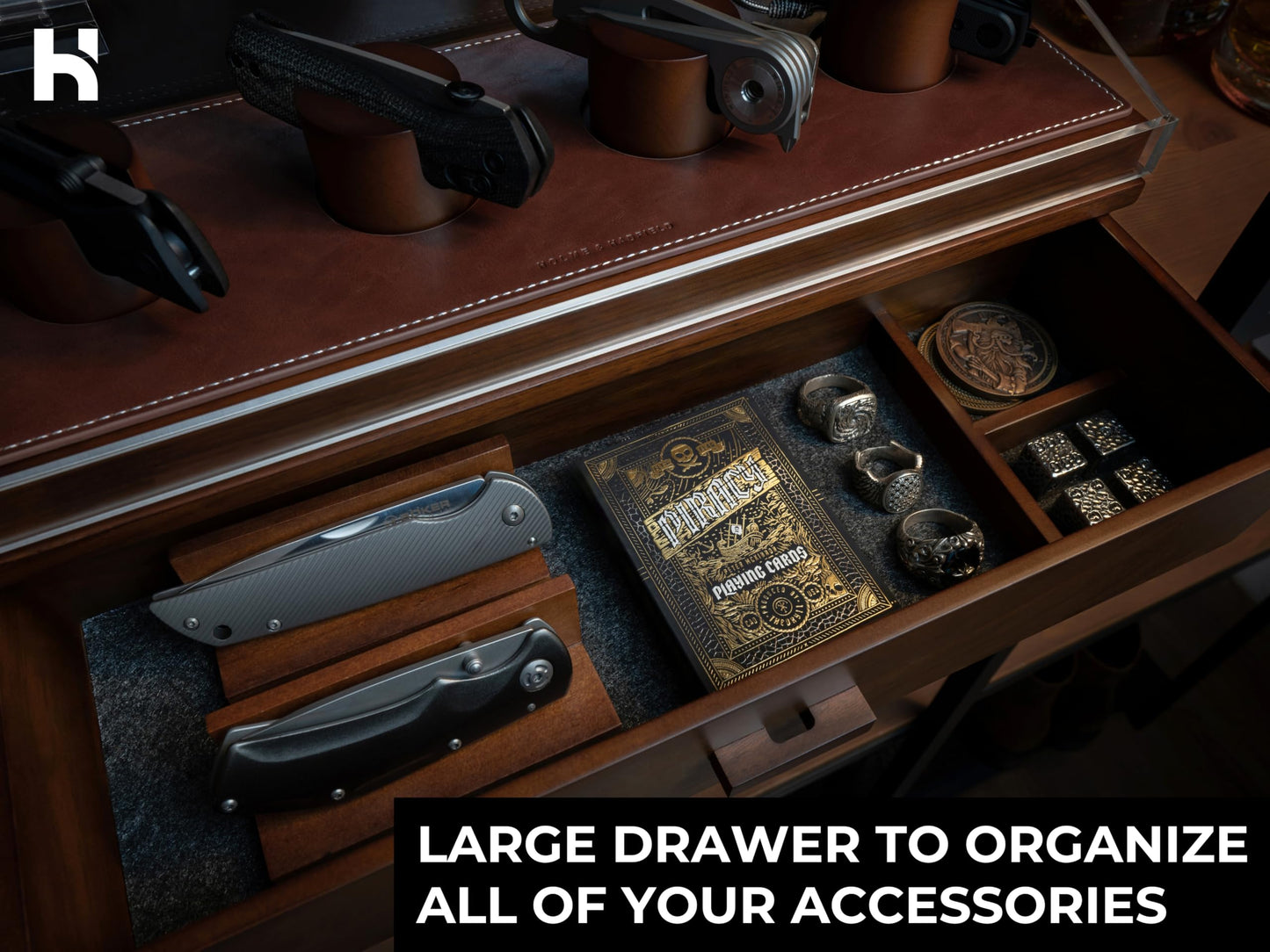 Premium Pocket Knife Display Case for 10 Knives - Wooden Knife Organizer, Storage & Holder with Unique Pillars, Hinged Cover, Drawer - Knife Collection Box - Handcrafted Father's Day Present for Men