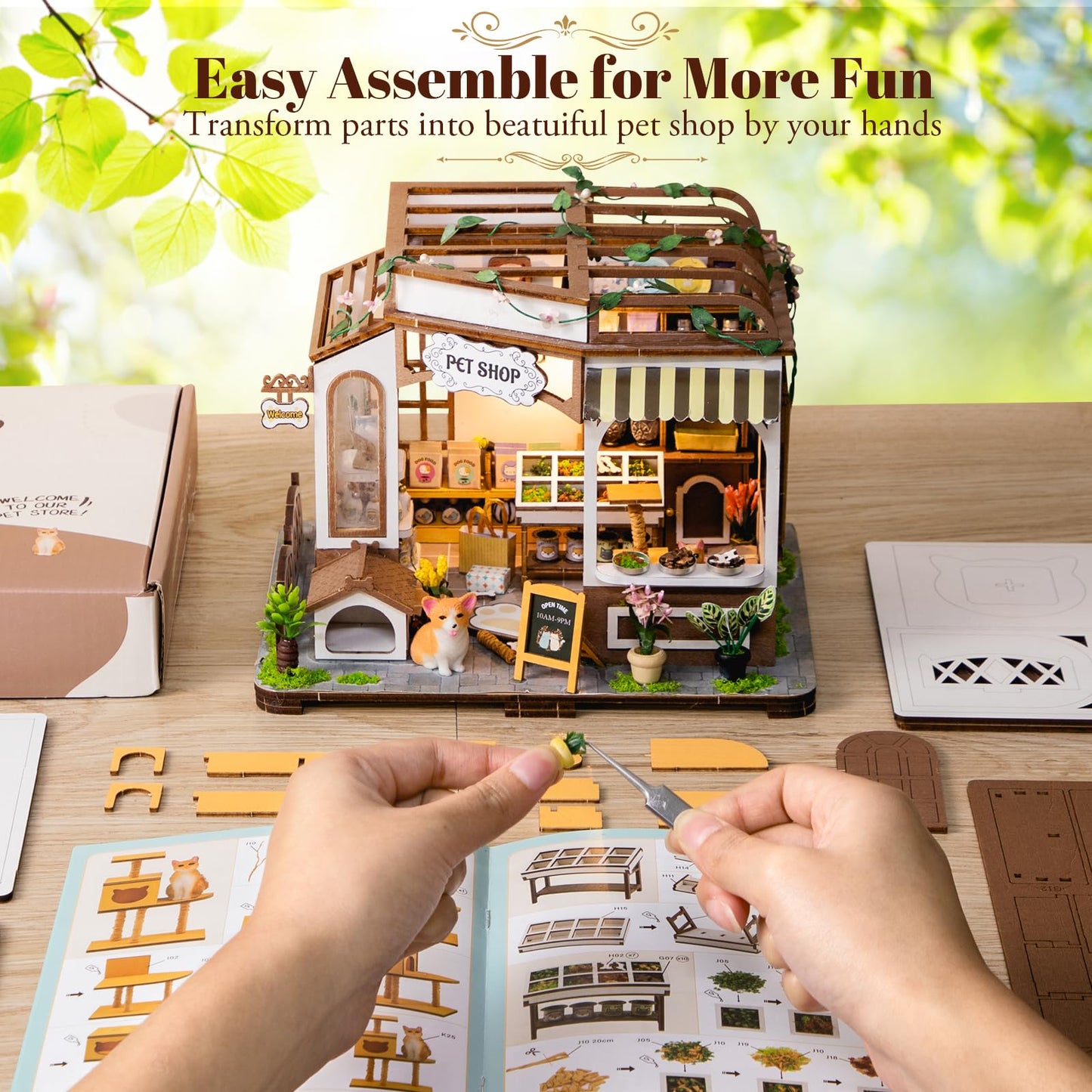 DIY Book Nook Kit - Bookend Diorama with LED - 3D Wooden Puzzle DIY Miniature House Kits - Bookshelf Insert Decor - Booknook Dollhouse Crafts Hobbies Gifts for Adults (Pet Shop)