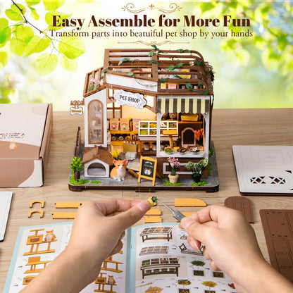 DIY Book Nook Kit - Bookend Diorama with LED - 3D Wooden Puzzle DIY Miniature House Kits - Bookshelf Insert Decor - Booknook Dollhouse Crafts Hobbies Gifts for Adults (Pet Shop)