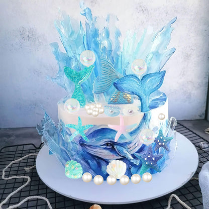 28pcs Sea Ocean Theme Birthday Cake Decoration Toppers Fishtail Starfish Shell Bubble Pearl Cupcake Decor for Under the Sea Theme Birthday Party Supplies