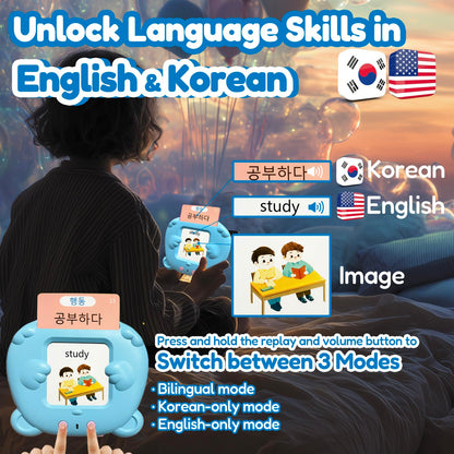 MoLingvora Bilingual Talking Flash Cards for Kids - Korean English Flashcards Children Adults, 510 Sight Words, ABC Alphabet, Pocket Speech for Toddlers, Audible Sensory Toys (Korean, Blue)