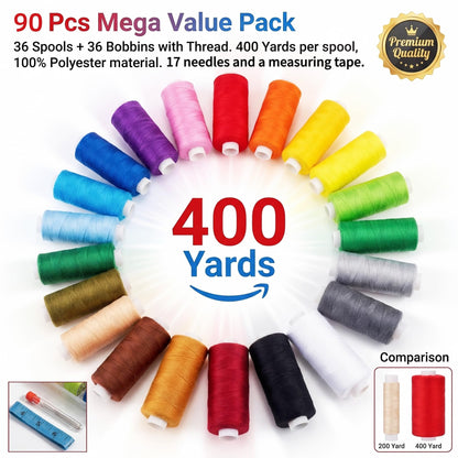VIZOSHI Sewing Thread Kit with Prewound Bobbins, 90PCS 36 Colors Polyester Thread Set, 400 Yards per Spool, for Sewing Machine & Hand Sewing, Quilting, Embroidery, Repairs, DIY Crafts