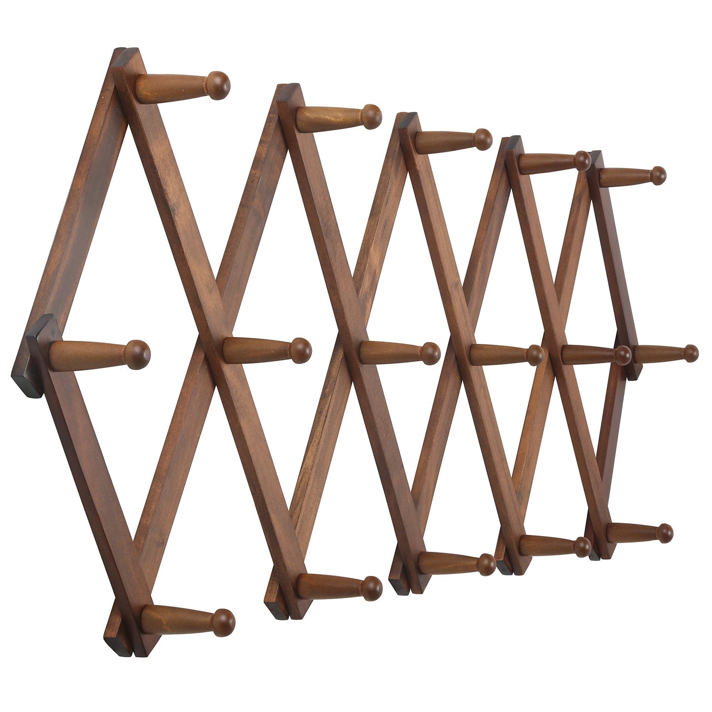 WEBI Accordion Wall Hanger, Wooden Coat Rack Wall Mounted, Hat & Cap Hook Rack, 16 Peg Hooks, Walnut Color