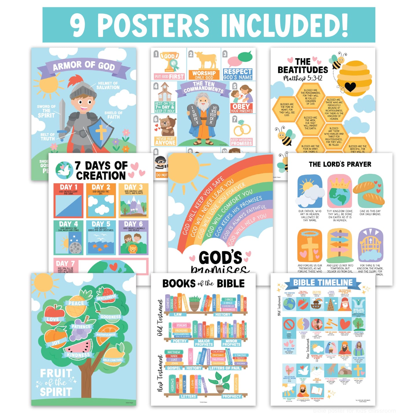 Hadley Designs Sunday School Decorations for Classroom –9 Bible Posters for Kids, Books of the Bible, 10 Commandments, Bible Timeline Chart, Fruits of the Spirit, Pastel Christian Classroom Decor