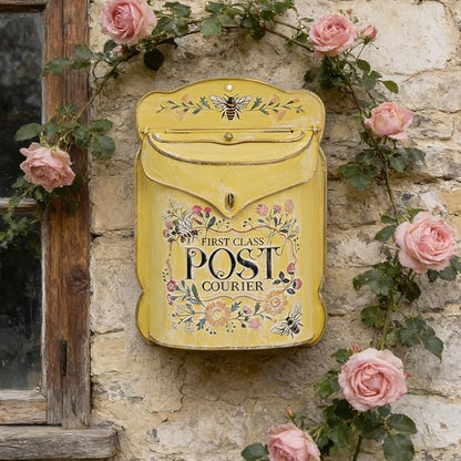 Wall Mount Mailbox for Outside Vintage Mail Boxes for House Outside Metal Door Mailbox Drop Box Antique Style Nostalgic Charm Home Decorative, Flower Pattern, Yellow