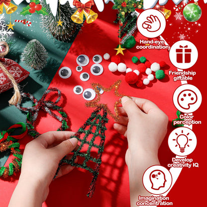 Juexica 300 Pcs Christmas Pipe Cleaners Craft Set Including Glitter Chenille Stems Poms Self Adhesive Wiggle Googly Eyes Creative Arts Chenille Stems for Christmas Decoration DIY Art Craft (Assorted)