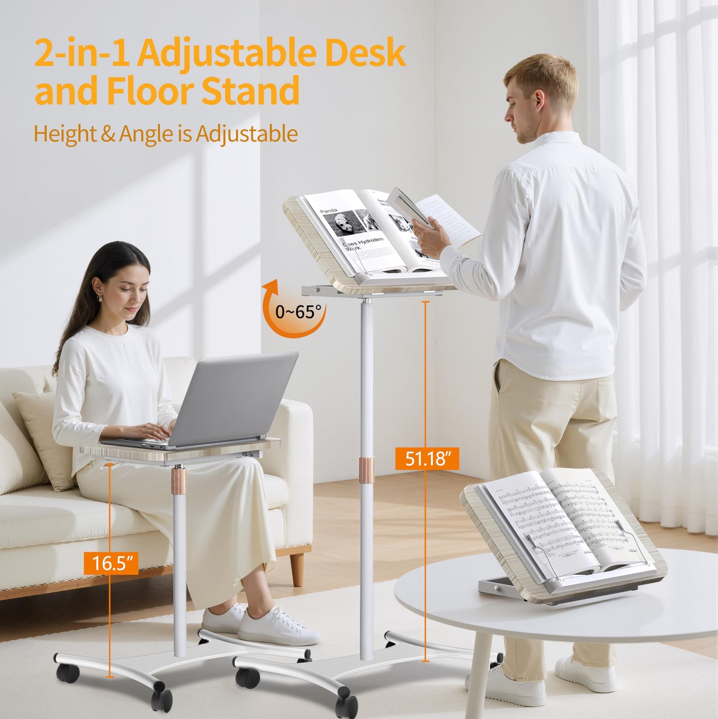 YUMFUN Rolling Laptop Floor Stand, Dual-Purpose for Desk & Floor, Adjustable Height from 16.5" to 51", with 4 Lockable Casters & Book Page Clips, Portable Laptop Stand (White Ash Finishing)