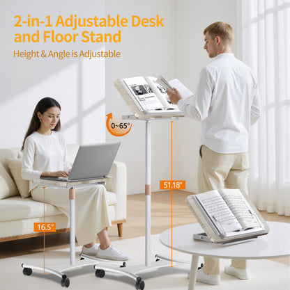 YUMFUN Rolling Laptop Floor Stand, Dual-Purpose for Desk & Floor, Adjustable Height from 16.5" to 51", with 4 Lockable Casters & Book Page Clips, Portable Laptop Stand (White Ash Finishing)