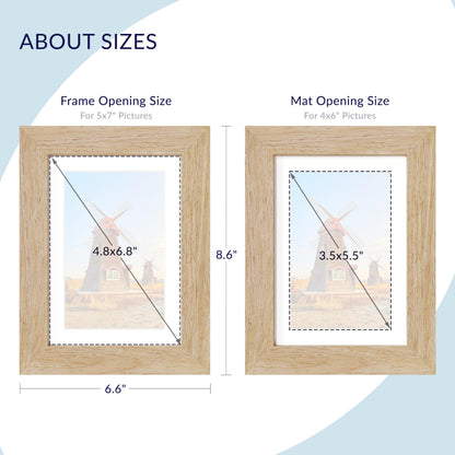 SZYUU 5x7 Picture Frame Set of 2 - Wood Frame with Real Glass, Display 4x6 with Mat or 5x7 without Mat, Photo Frame for Wall or Tabletop Display (Natural Oak)
