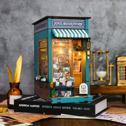CRIOLPO DIY Book Nook Kit, Miniature House Model, Charming Bookshelf Scene, Wooden Dolls House, Bookshelf Miniature Scenes, for Hobbyists and Decor - Soul Bookstore