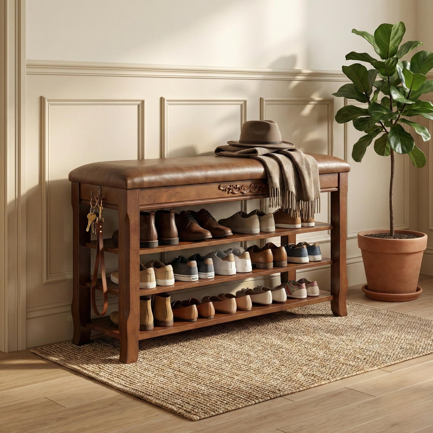 Shoe Rack Bench Entryway Storage with Leather Cushion, Shoe Organizer Bench for Entryway, Front Doors Entrances Hallway,Mudroom,Closet, Bedroom,Solidwood 3 Height-Adjustable Removable Shelve,39.4"