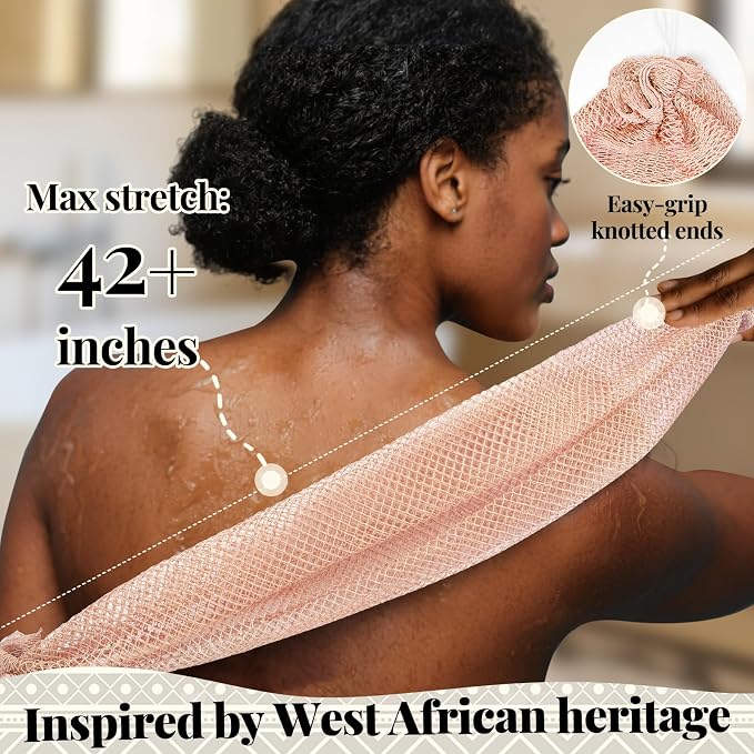 African Net Sponge Authentic-4 Packs African Exfoliating Net Sponge,Bath Sponges for Shower,42 inch Long for Normal to Sensitive Skin,Body Exfoliator Shower(Pink,Neon Pink,Light Gray,Black)