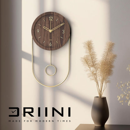 Driini Decorative Wall Clock with Pendulum (Walnut) – Modern Wood, 3D Gold Numbers, Metal Frame – Small, Unique Wall Clocks for Living Room Decor or Bathroom - Battery Operated, Silent, Non-Ticking