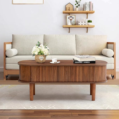 Fully Assembled Fluted Lift Top Coffee Table with Hidden Compartment, Wooden Center Table, Modern Oval Lift Tabletop for Home Living Room Office, Walnut