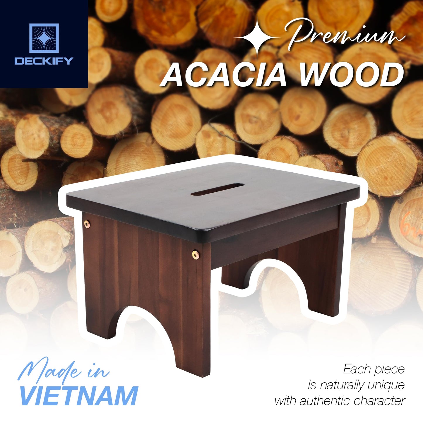 DECKIFY Premium Wooden Step Stool for Adults, Small Acacia Wood Stepping Stool, Non-Slip 1-Step Bedside Stool for Bed & Bathroom, 600 lbs, Portable - 9 Inch