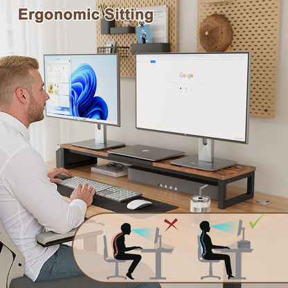 LAND·VOI Dual Monitor Stand Riser,41.5'' Long Monitor Stand for 2 Monitors, Wood Computer Riser with Pocket, Desktop Oraganizer with Pen Holder, Monitor Riser for Desk Computer,Laptop,TV, Rustic Brown