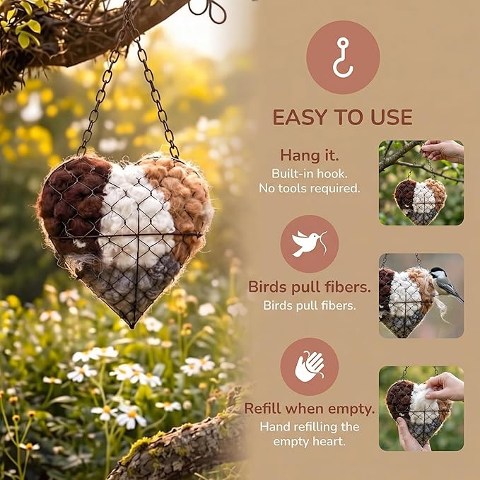Handmade Alpaca Fiber Bird Nesting Heart with 4 Refill Bags, Reusable Nesting Material Accessory for Wild Birds, Outdoor Garden Decoration, Gift for Bird & Nature Lovers (2 Sets)