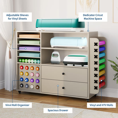 Garvee Craft Table Cricut Cart Storage Cabinet Compatible with Cricut Machines with 2 Drawers & 24 Vinyl Roll Holder, Craft Station Accessories Organizer