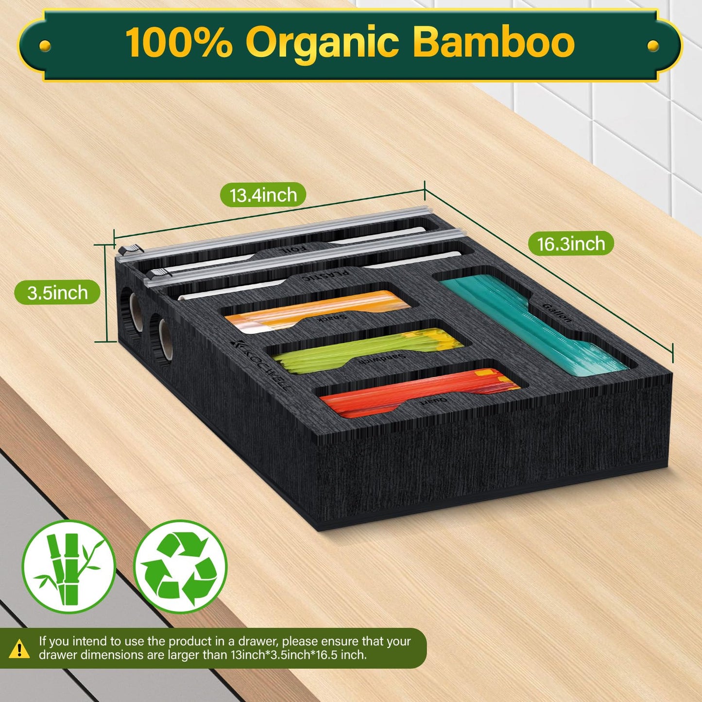 KOCWELL Bag Organizer and Plastic Wrap Dispenser with Cutter, 6 In 1 Bamboo Foil and Plastic Wrap Organizer for Kitchen Drawer, Food Storage Bag Organizer for Gallon,Quart,Sandwich,Snack(Yellow)