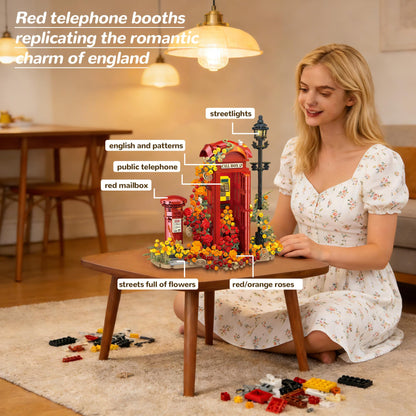 chanbrick Red London Telephone Box Building Set with Roses Flower for Adults Girls, Mailbox Phone Booth Retro Model Souvenir for Home or Office Decor - 1142PCS