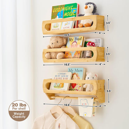 Homewisp Nursery Shelves for Wall, Premium Bamboo Wood, Fully Assembled - Nursery Book Shelves, Book Shelf for Kids Rooms, Multi-Use Floating Shelves for Wall, Set of 3 (Natural, 16.5 Inches)