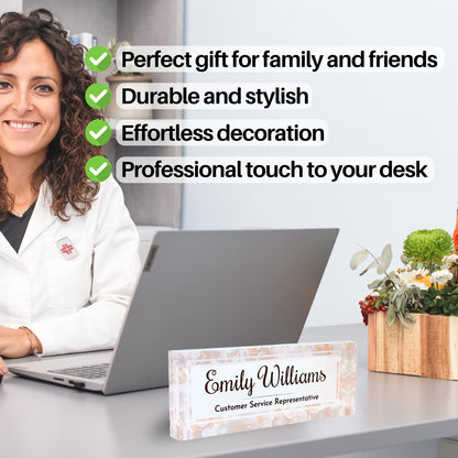 Customized Clear Acrylic Thick 8x3" Desk Name Plate Block with Personalized Logo - Professional Office Decor - Customized Acrylic Plate Gift for Teacher Co-workers (Mother of Pearl)